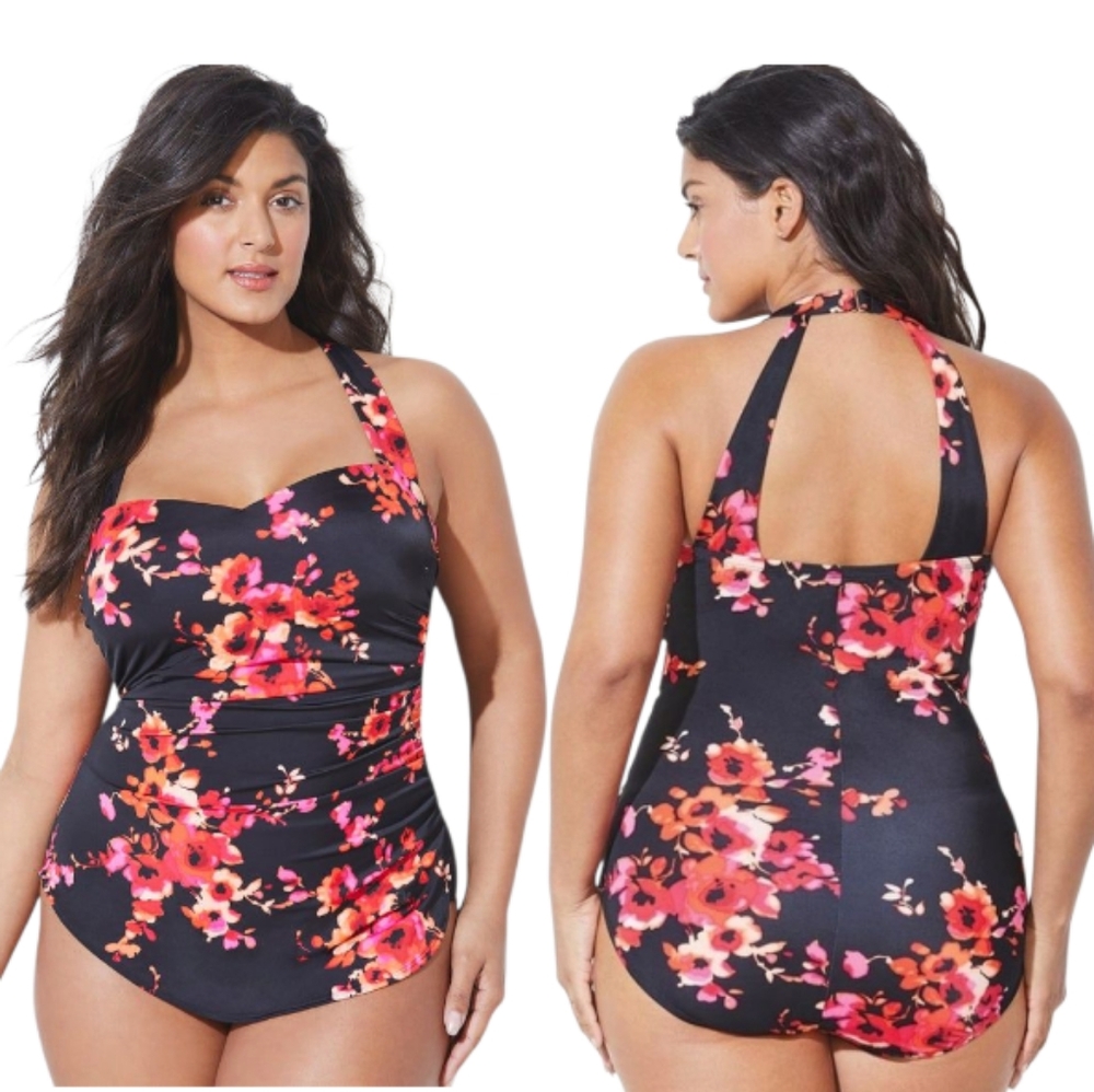 Swimsuits For All Black Floral Halter One-Piece Swimsuit